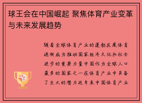 球王会在中国崛起 聚焦体育产业变革与未来发展趋势